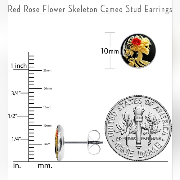 Red Rose Flower Skeleton Cameo Stud Earrings - Picture 3 of 4